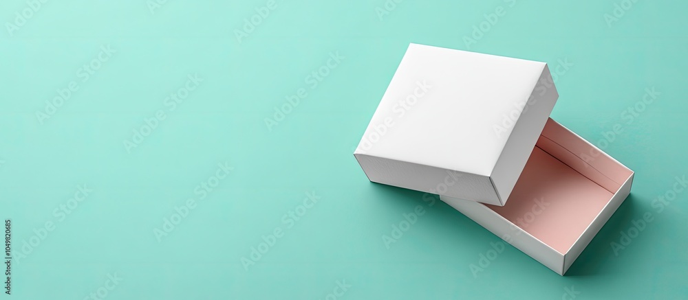Aufkleber Open white gift box on a colored background top view Design mockup. with copy space image. Place for adding text or design