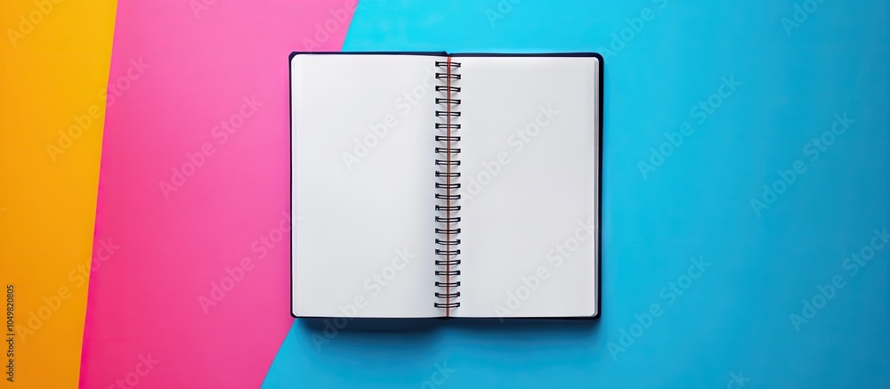 Poster Sketchbook on a vibrant background Copy space Top view of a blank open notebook representing education or a new workspace