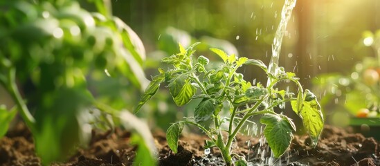 Watering a seedling tomato plant in a greenhouse garden. with copy space image. Place for adding text or design