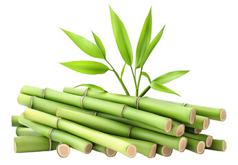 Fototapeta premium Fresh green bamboo stalks with leaves, isolated on transparent cutout background
