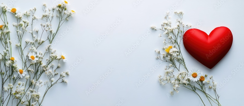 Aufkleber Happy Valentine s Day card featuring spring flowers on a white background with a red heart. with copy space image. Place for adding text or design
