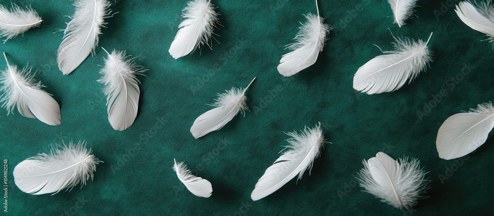 Leinwandbilder White feathers on a green backdrop Background featuring feathers Flat layout top view Background suited for a postcard or Easter poster. with copy space image. Place for adding text or design