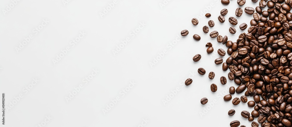 Leinwandbilder Coffee beans are scattered on a white surface extending into the image there is a white background featuring coffee beans along with space for text or other elements. with copy space image