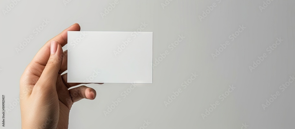 Poster a girl s hand is holding a blank business card the card is horizontal. with copy space image. place 