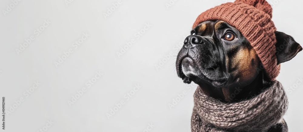 Poster a serious mastiff puppy in a cozy hat and scarf gazes up at a blank white board set against a white 