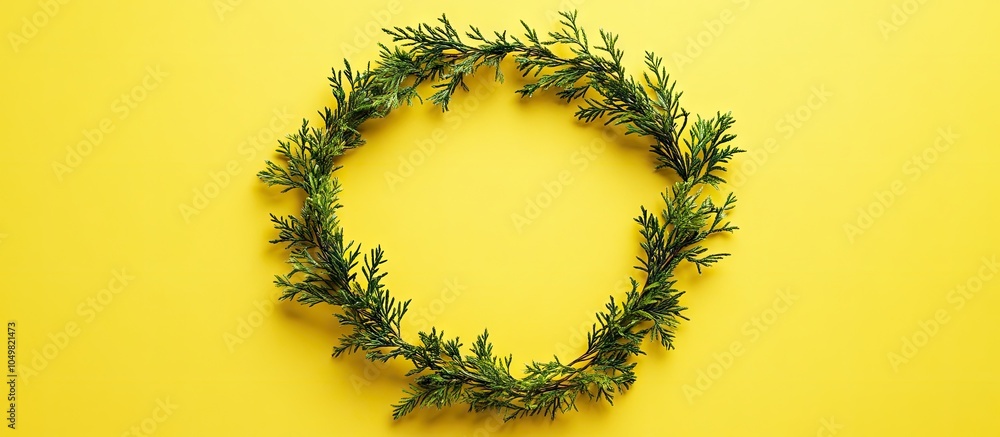 Poster circular frame created from four gorse hedging branches arranged in a flat lay on a vibrant yellow b