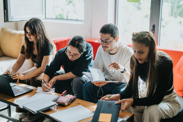 Fototapeta premium A group of focused students working together on assignments in a bright and cozy study room. They are using notebooks, laptops, and pens, fostering teamwork and learning in a relaxed environment.