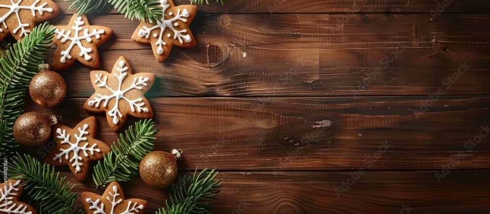 Aufkleber Christmas gingerbread cookies and a fir tree branch on a wooden background Top view with space for your messages. with copy space image. Place for adding text or design