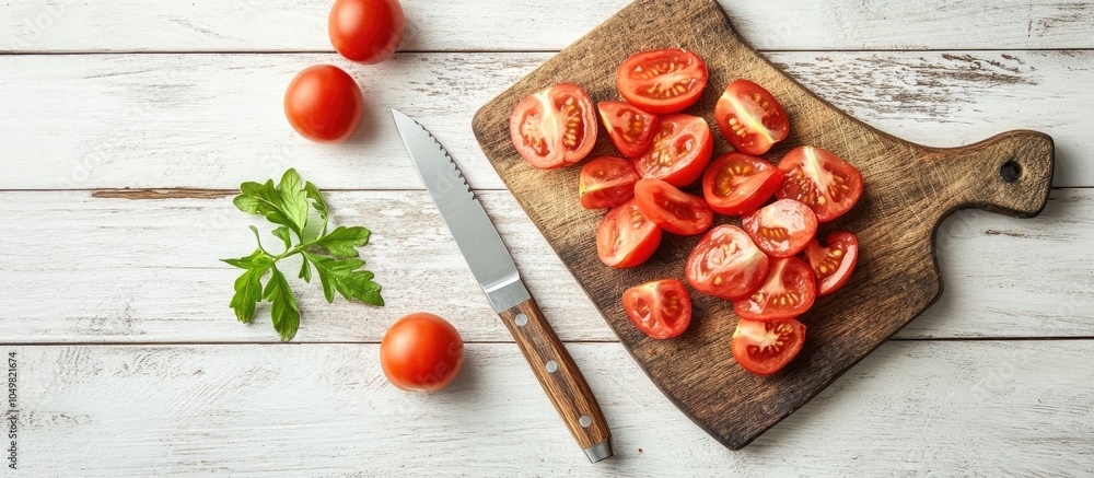 Poster chopped tomatoes alongside a knife on a cutting board a blend of tomatoes in the background fresh ju