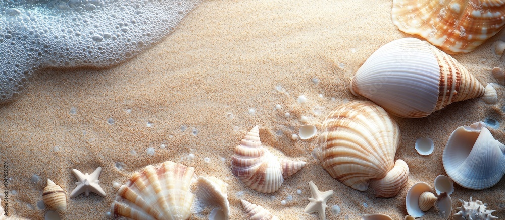 Aufkleber seashells and fish border summer beach sand. with copy space image. place for adding text or design