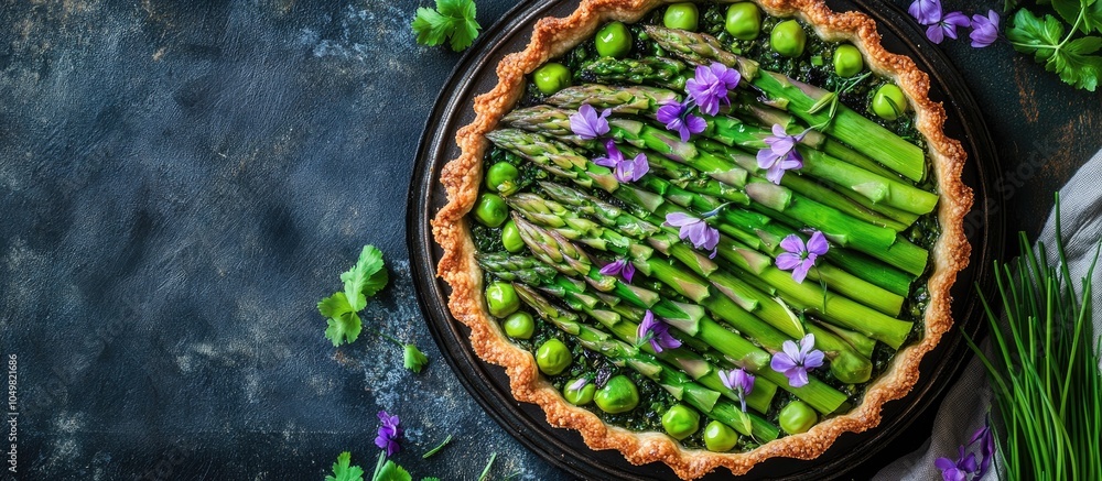 Aufkleber green asparagus and sweet peas tart topped with edible chive flowers overhead view of a seasonal spr