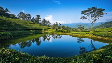 Fototapeta premium A tranquil pond surrounded by tea plantations in Muzangchai, reflecting the lush greenery