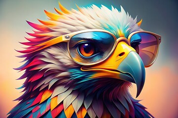 Fototapeta premium Colorful cartoon eagle with sunglasses set on a white background, crafted with generative AI, ideal for whimsical and imaginative projects that inspire creativity and fun.