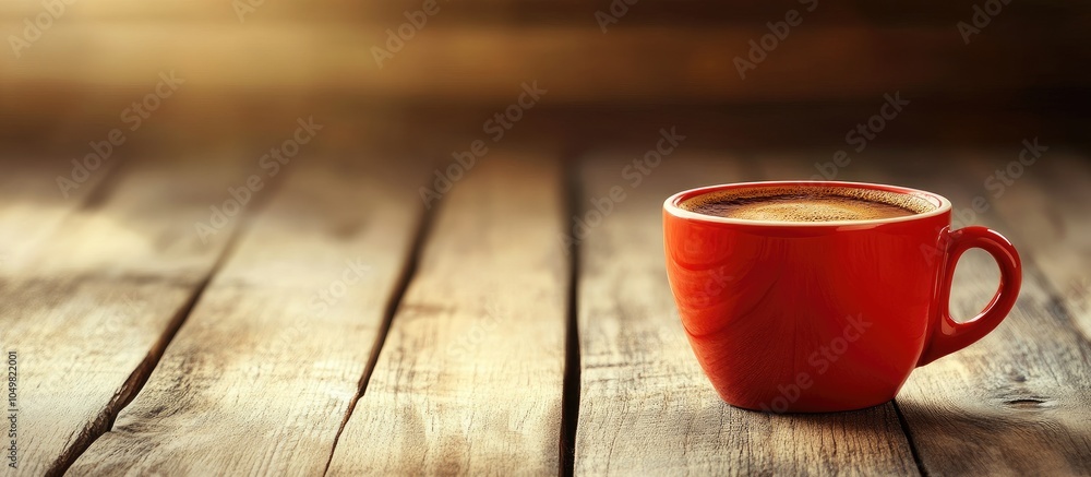 Poster red cup of delicious coffee set on a wooden table. with copy space image. Place for adding text or design