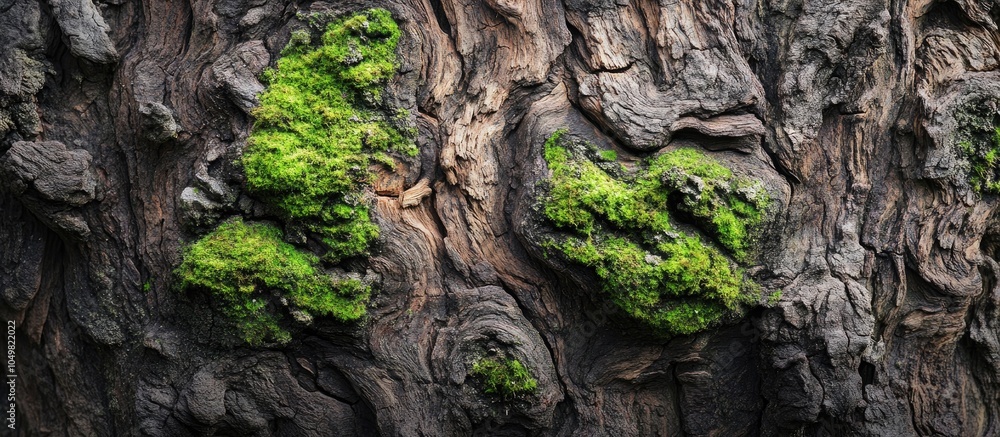 Poster texture of aged tree bark adorned with green moss close up copy space