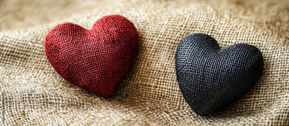 Poster Two ornamental hearts on a burlap backdrop Concept for a Valentine s Day card. with copy space image. Place for adding text or design