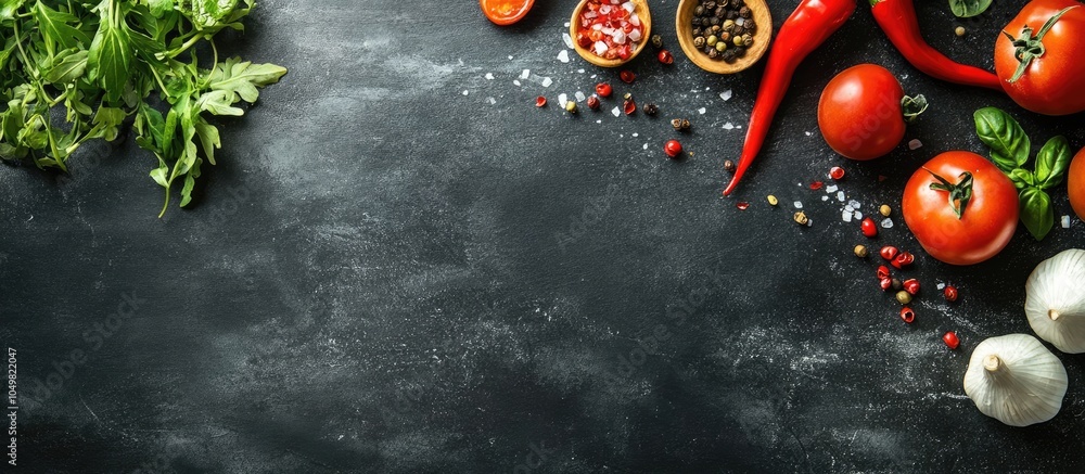 Leinwandbilder top view of food ingredients on a dark chalkboard. with copy space image. place for adding text or d