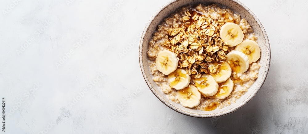Poster caramelized banana oatmeal bowl on a light background with copyspace top view flat lay