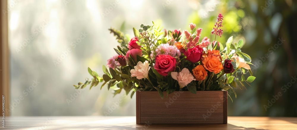 Leinwandbilder beautiful vibrant flowers in a wooden box sit on a table in sunlight showcasing a simple arrangement