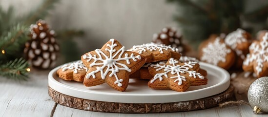 Christmas or New Year still life featuring ornaments on a rustic white table Festively decorated Christmas cookies Homemade gingerbread Winter themed decorative background Copy space for text
