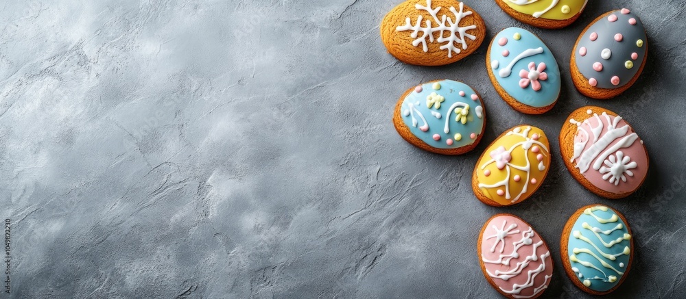 Aufkleber Easter gingerbread cookies set against a gray background Concept of Easter eggs and the Easter bunny Image features copy space in a horizontal layout
