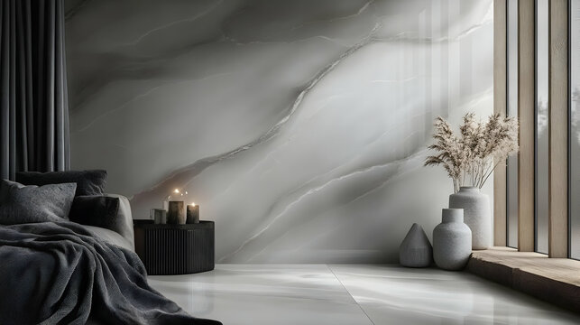 Modern Interior Design with Grey Marble Wall and Wooden Window