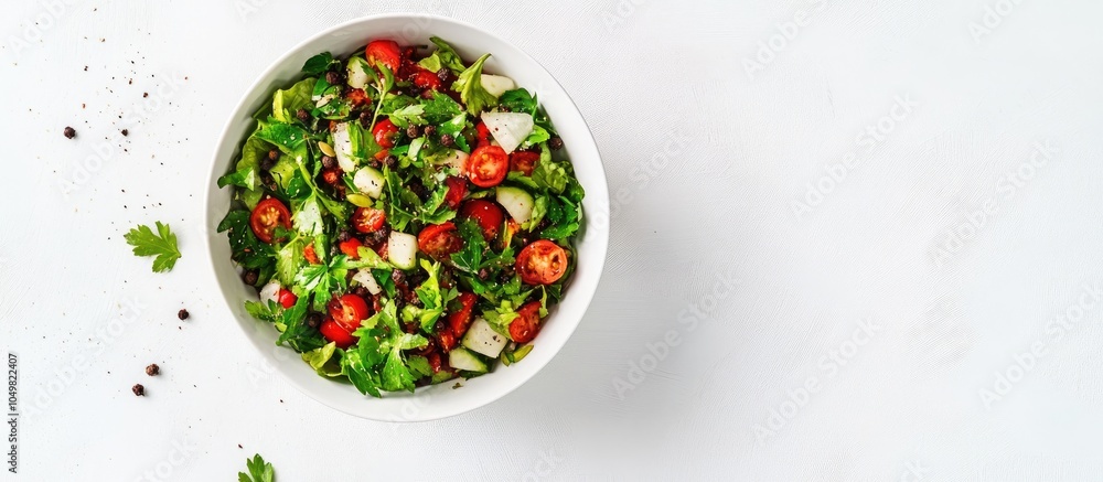 Fototapete bowl of salad with parsley pepper and spices seen from above against a white background. with copy s
