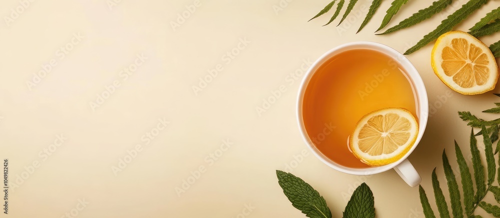 Aufkleber warming sea buckthorn tea with mint ginger honey and lemon in a white tea cup set against a beige ba