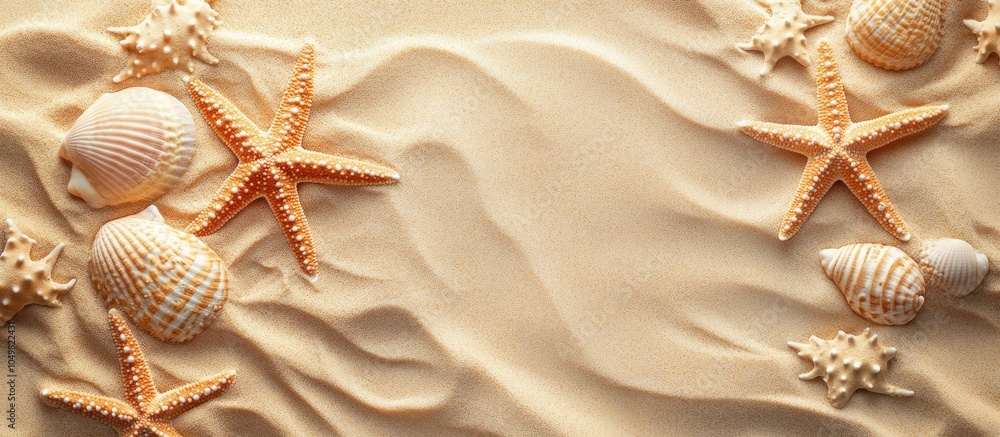 Poster Starfish on a sandy background starfish border. with copy space image. Place for adding text or design