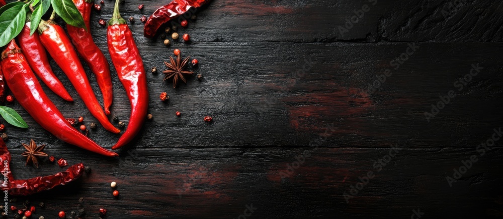 Aufkleber chili and anise on dark boards. with copy space image. place for adding text or design