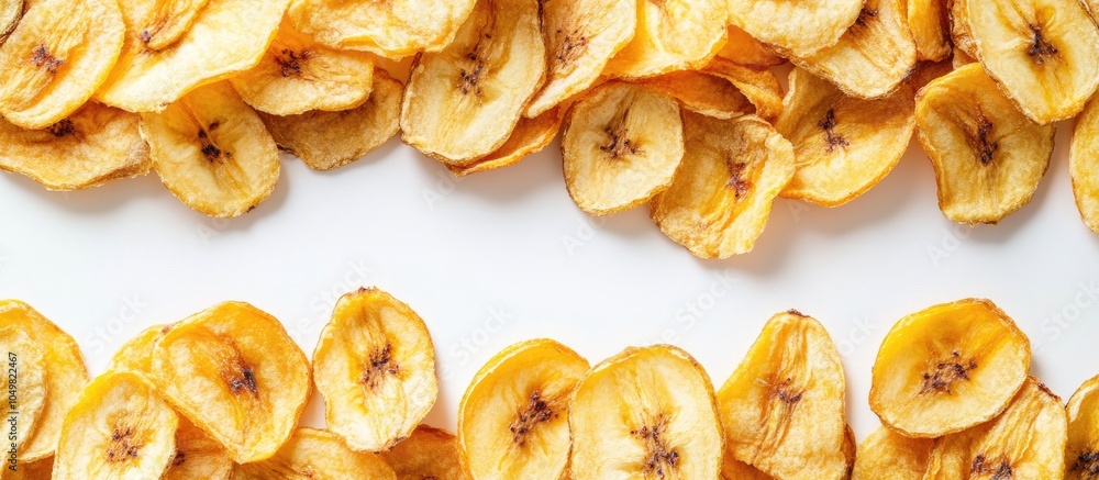 Poster dried banana chips on a white background with complete depth of field top view flat lay. with copy s
