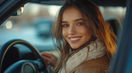 young woman smiling while sitting behind the wheel of her new car