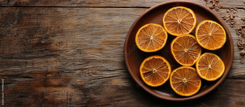 Poster Orange slices covered in chocolate on a plate placed on a wooden surface Ground cloves. with copy space image. Place for adding text or design
