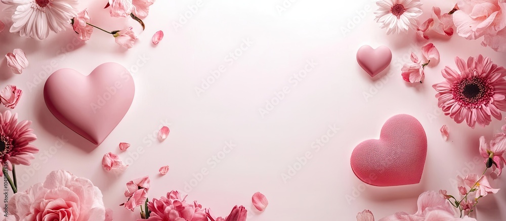 Poster pink heart shapes and flowers for valentine s day on a white background celebrating the valentine s 