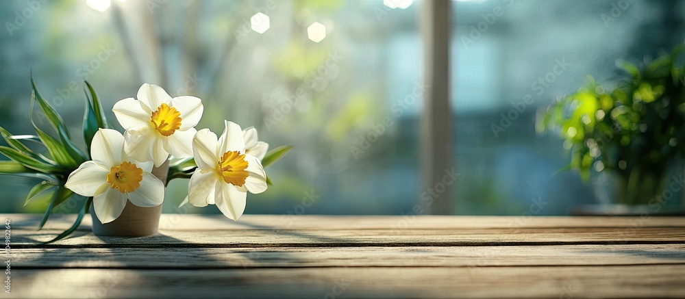 Poster narcissus on a wooden table sunny day vacant space. with copy space image. place for adding text or 