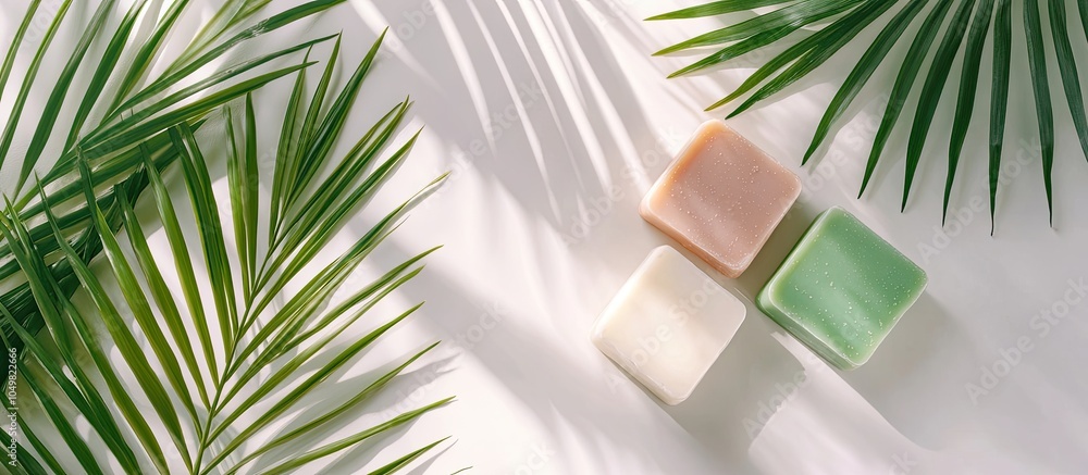 Poster Soap bars and a houseplant on a white table overhead view with space for text Spa time. with copy space image. Place for adding text or design