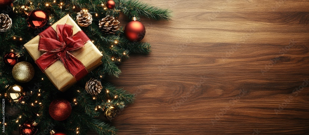 Leinwandbilder christmas tree accompanied by a gift box and decorations on a wooden surface with space for letterin