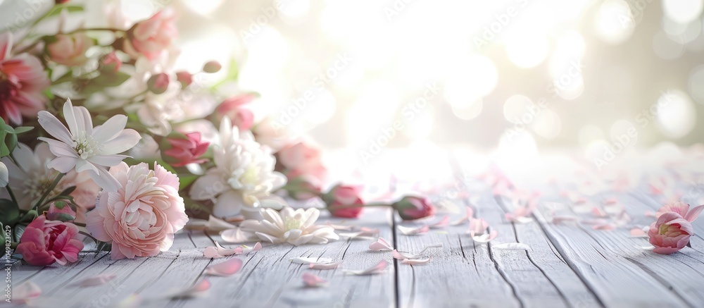 Leinwandbilder lovely flowers on a blurred abstract background with a white wooden surface. with copy space image. 