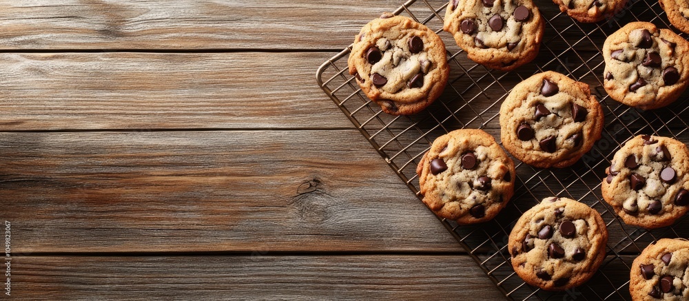 Leinwandbilder Vertical top view of chocolate chip cookies on a wire rack with selective focus on a wooden table featuring copy space
