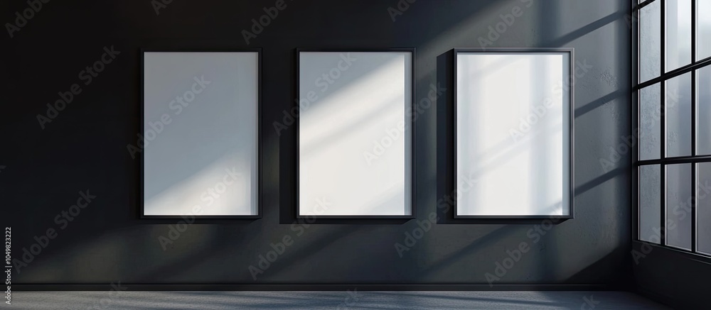 Aufkleber Empty frames against a black wall Design mockup. with copy space image. Place for adding text or design