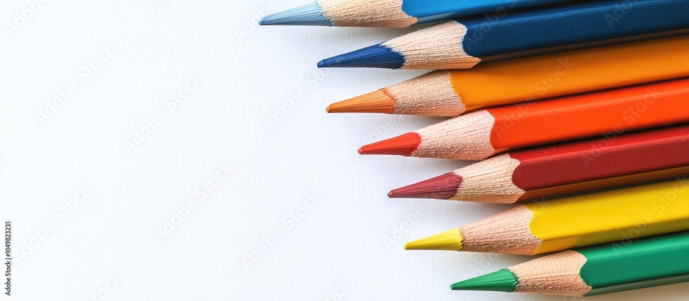 Poster Colored pencils set against a white paper background. with copy space image. Place for adding text or design