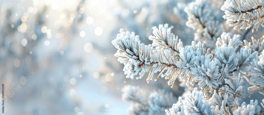Poster pine branches blanketed in snow and frost against a light winter backdrop copy space selective focus