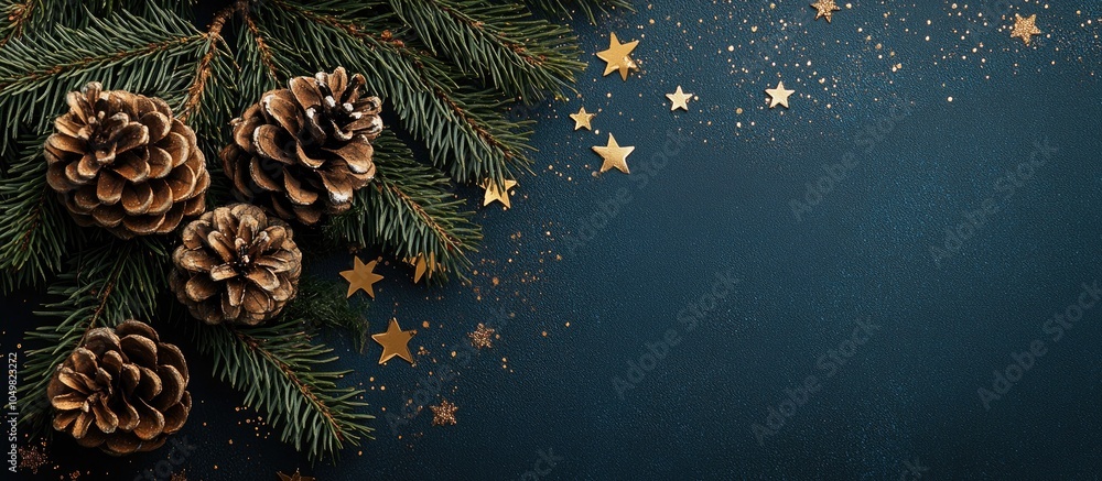 Poster christmas arrangement top view of stars and a pine cone background with copy space for your text fla