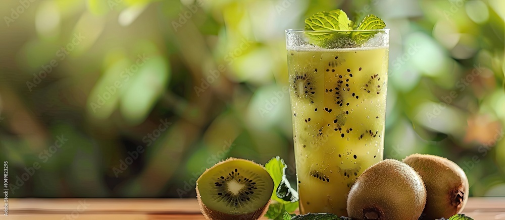Leinwandbilder fresh kiwi juice with mint on a wooden surface. with copy space image. place for adding text or desi