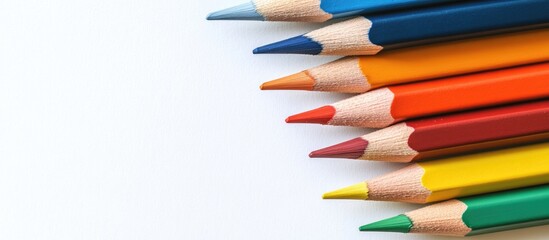 Fototapeta premium Colored pencils set against a white paper background. with copy space image. Place for adding text or design