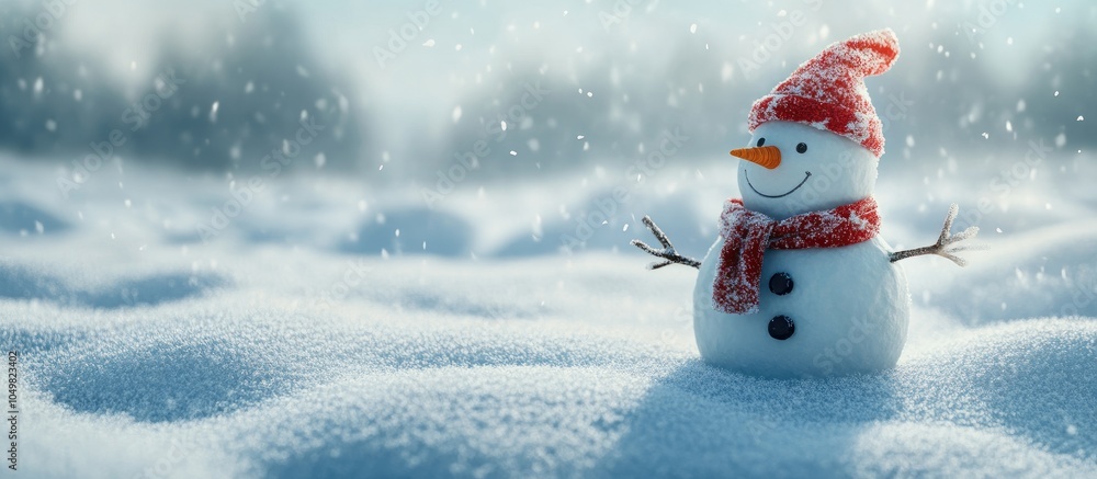 Aufkleber snowman positioned in the snow. with copy space image. Place for adding text or design