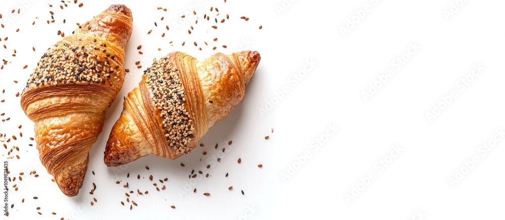 Fototapete Sesame croissant on a white background Delicious and fresh croissant against a white backdrop Fresh croissant isolated on white. with copy space image. Place for adding text or design
