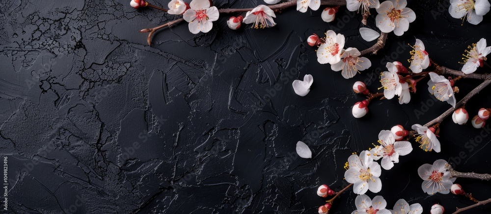 Leinwandbilder apricot blossoms on a black background top view. with copy space image. place for adding text or des