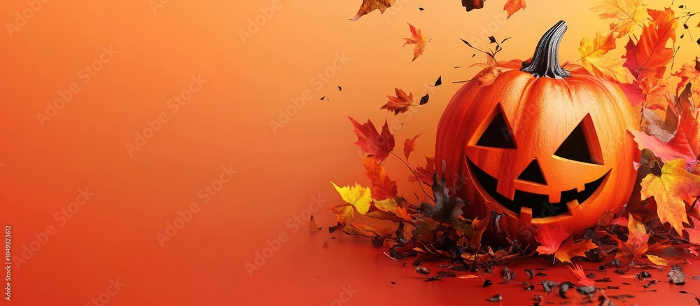Poster Halloween pumpkin and fall leaves. with copy space image. Place for adding text or design