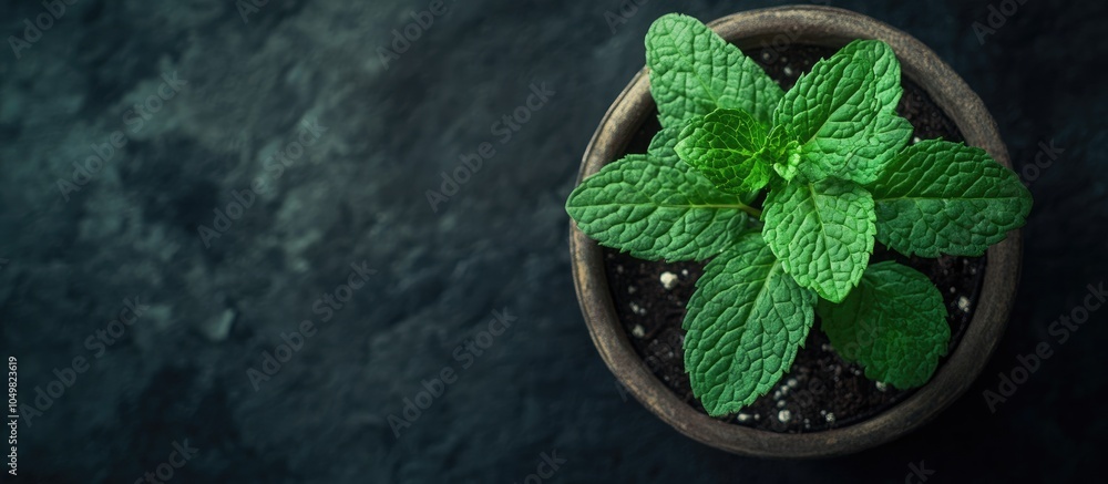 Aufkleber Close up photo of a lovely green mint plant leaf in a pot. with copy space image. Place for adding text or design